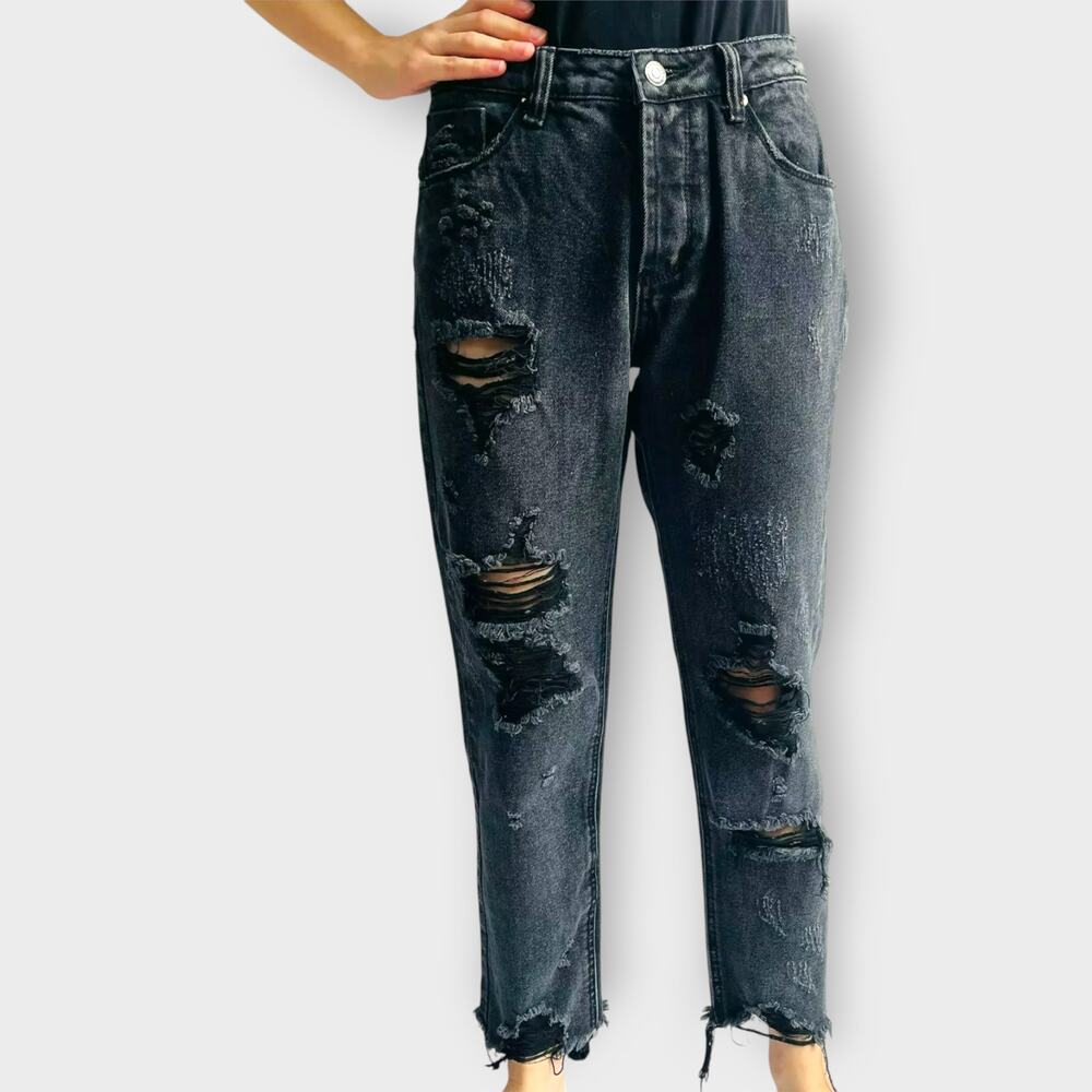 Signature 8 Jeans Mom Style Distressed Frayed Hem Raw Button Fly Black Size S